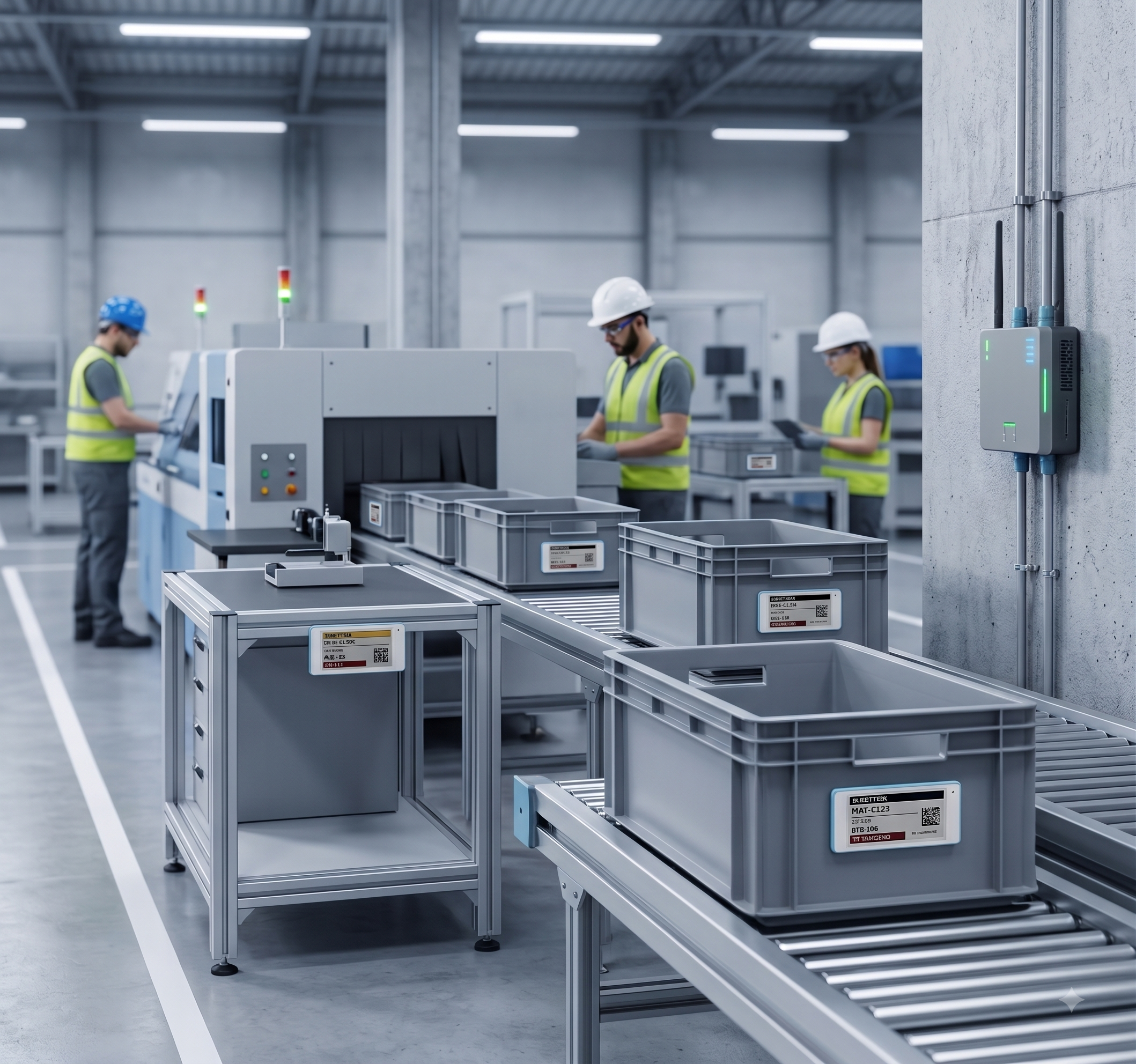 Linha industrial com etiquetas de material, sensores e gateway